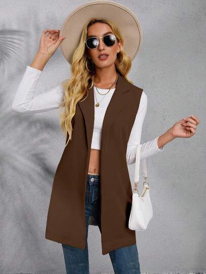 EMERY ROSE Women's Solid Color Mottled Lapel Open Front Sleeveless Casual Blazer