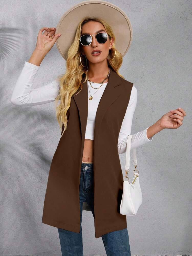 EMERY ROSE 女式纯色斑驳翻领前开襟无袖休闲西装外套 - 棕色 - 查看 1