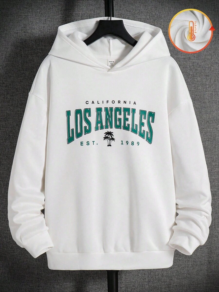 SHEIN Teens Young Men's White Autumn Y2K Graduation Back-To-School California Los Angeles Letter Graphic Print Hooded Pullover Sweatshirt,Casual Streetwear - White - View 1