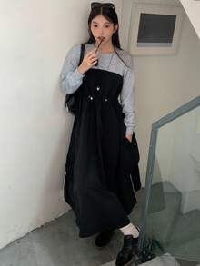 DAZY Women's Round Neck Long Sleeve 2 In 1 Waist Cinched Long Casual Street Dress - Black - View 6