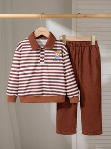 Souflis Souflis 男童休闲条纹熊印花卫衣和裤子套装，秋季 - 咖啡棕 - 查看 3