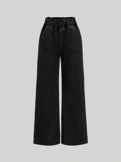 SHEIN Girlism 青少年女童松紧腰休闲百搭纯色阔腿牛仔裤