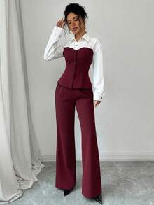 Rafferiza 2pcs/Set Contrast Color Block Slim Fit Shirt And Pants