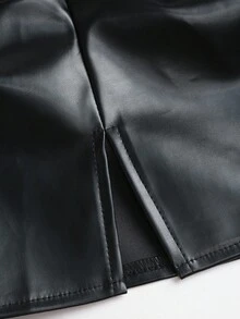 Sweetra Petite 秋冬休闲A字喇叭PU皮革迷你裙，适合娇小女性的时尚风格 - 黑色 - 查看 4