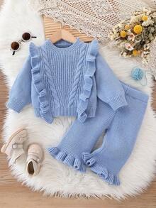 SHEIN Vintaside Kids 2pcs Baby Girls Sweater Set, Ruffled Collar, Cable Knit Pullover Top With Matching Flared Pants, Comfortable, Suitable For Autumn/Winter Fall - Blue - View 2
