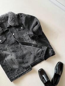 DAZY Women's Fluffy Patchwork Front Button Pocket Long Sleeve Regular Jacket Thermal Lined, Winter Women Coats - Dark Grey - View 8