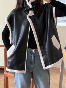 DAZY 女士时尚PU毛内衬常规夹克秋冬保暖外套 - 黑色 - 查看 1