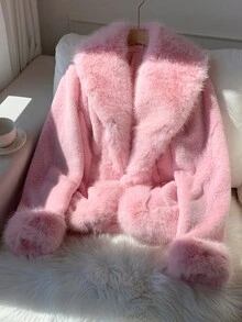 Comfortcana Women's Fashionable & Elegant Faux Fur Coat, Autumn/Winter,Fall - Baby Pink - View 1