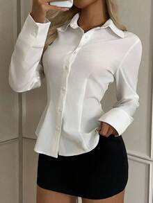 SHEIN EZwear 大码休闲纯色插肩袖收腰弧形下摆百搭衬衫 - 彩色 - 查看 3