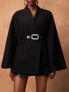 Zivah 2025 Autumn And Winter New Casual Commuting Loose Gray Woolen Bat Sleeve Woolen Coat Women Coat, With Metal Belt, Suitable For Daily Travel, Commuting, Party Gatherings, Festivals, Travel, Casual -A