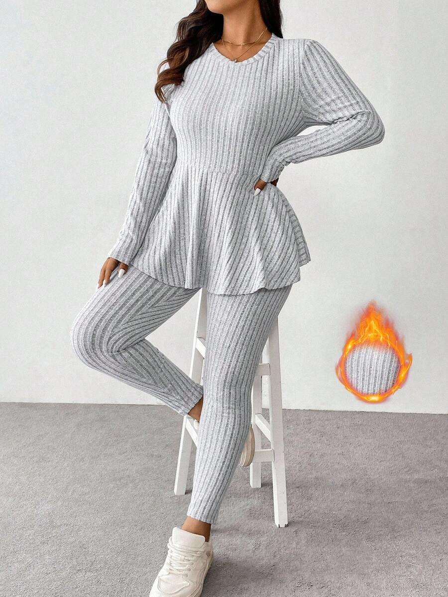 Vionelle Plus Size Solid Color Crew Neck Sweatshirt And Slim Fit Pants Casual Outfit Fall Cloth For Women - Light Grey - View 1
