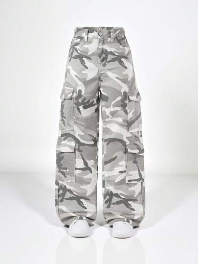 SHEIN Tween Girls Y2K Casual Multi Pocket Street Drawstring Waist Light Color Camouflage Print Cargo Jeans, School, Campus, College
