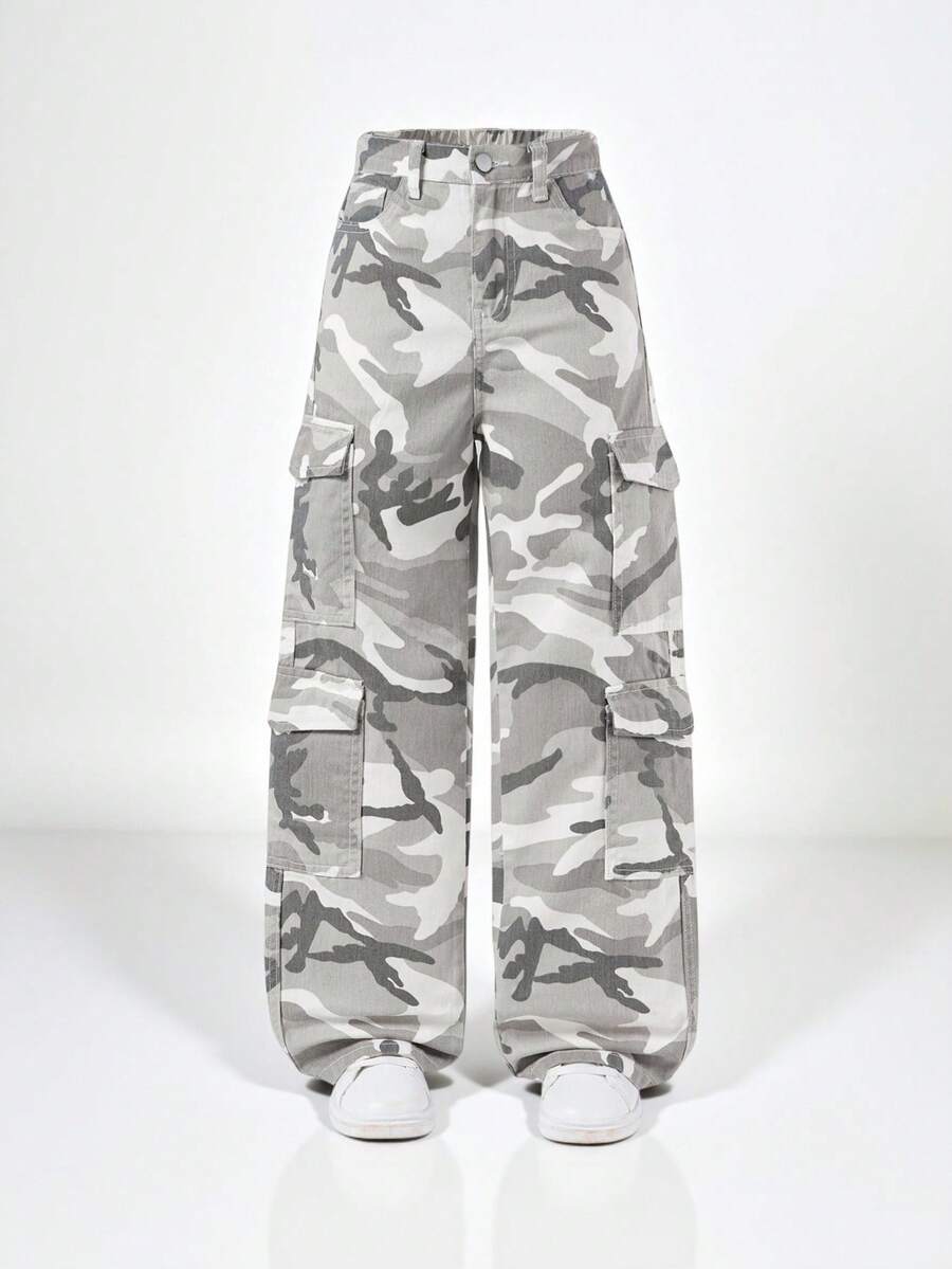 SHEIN Explorewe Tween 女童 Y2K 休闲多口袋街头抽绳腰部浅色迷彩印花工装牛仔裤 - 彩色 - 查看 1