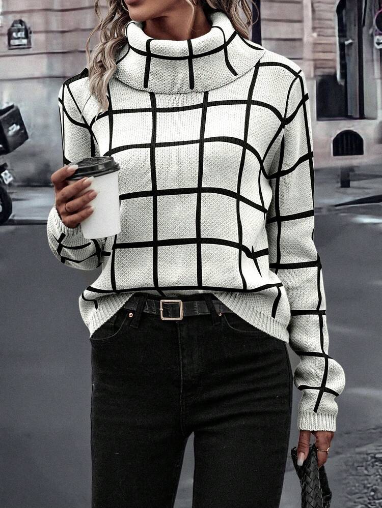 EMERY ROSE Women's Fashion Casual Plaid Print Turtleneck Long Sleeve Sweater, Christmas - White - View 3