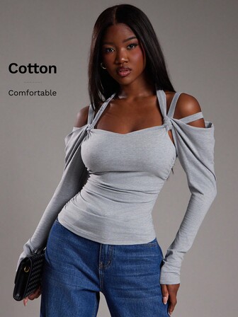 NYA SZN Top à manches longues épaules dénudées ajusté moulant, décontracté, bureau, école, Ibiza, fête, automne-hiver, adapté pour les tenues de trajet pour femmes