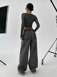 EURMUSE WOMEN WIDE LEG LOW WAIST JEANS - Dark Grey - View 2