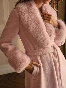 MOTF PREMIUM WOMEN'S WOOL PINK CONTRAST FUZZY TRIM LONG COAT - Pink - View 6