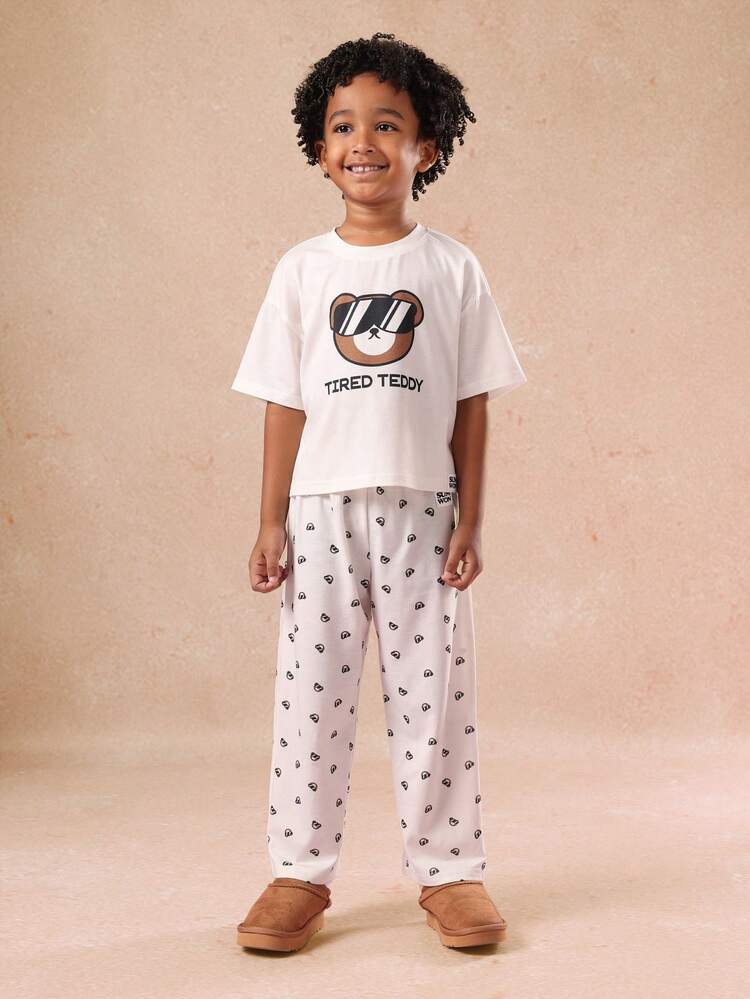 Tired Teddy Print T-Shirt With Matching Bear Pattern Pants
