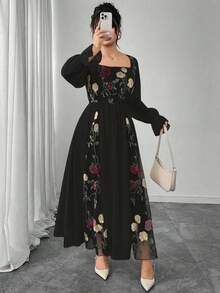 Modelyn Elegant Floral Embroidery Patchwork Plus Size Dress - Black - View 7