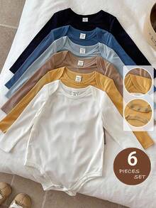 LMoss Kids LMoss 6件套男婴纯色针织休闲连体衣套装，自然色系婴儿服装，中性色婴儿服装，罗纹连体衣，婴儿长袖连体衣，冬季服装，秋季服装，婴儿秋装，套头衫 - 彩色 - 查看 1