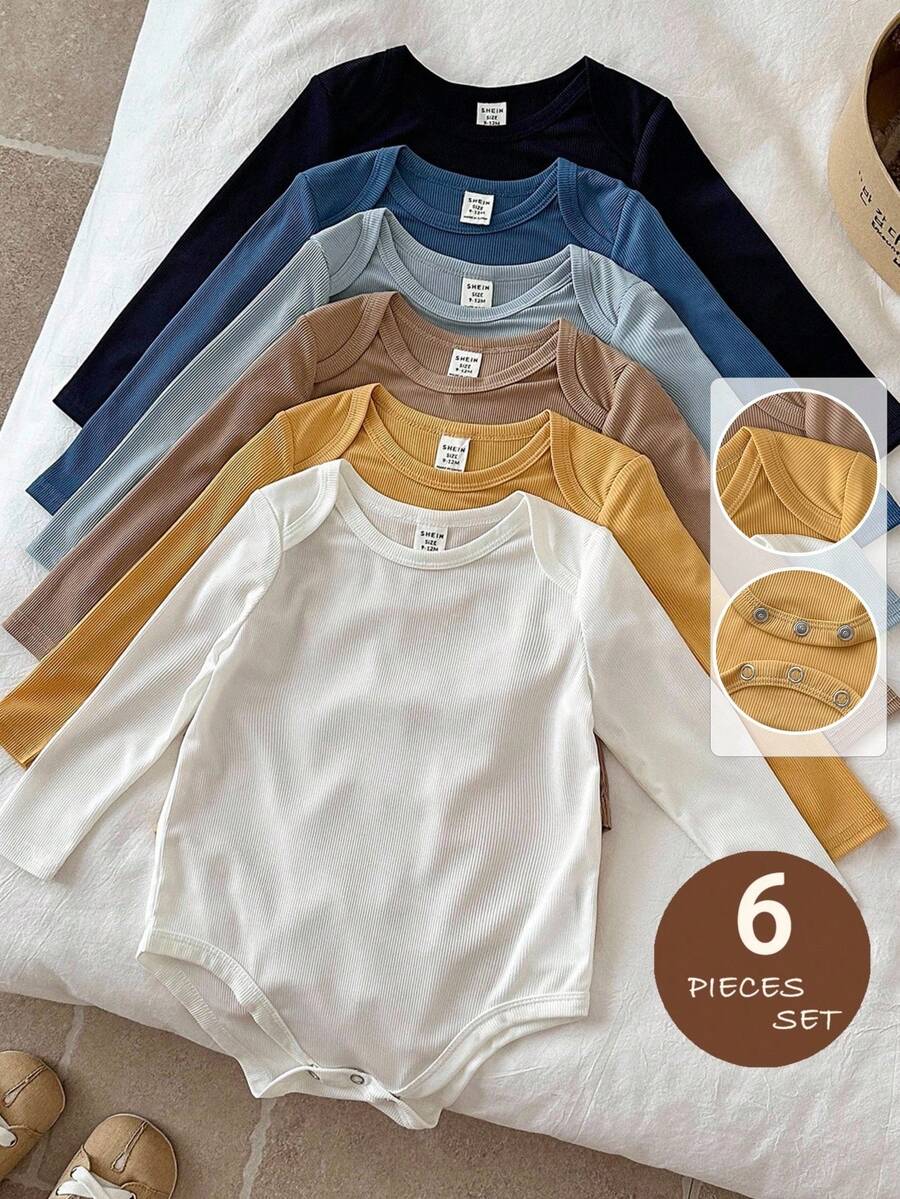 LMoss Kids LMoss 6件套男婴纯色针织休闲连体衣套装,自然色系婴儿服装,中性色婴儿服装,罗纹连体衣,婴儿长袖连体衣,冬季服装,秋季服装,婴儿秋装,套头衫 - 彩色 - 查看 1