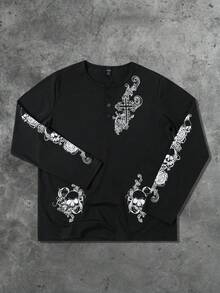 ROMWE MEN Goth Men's Street Dark Skull & Floral English Graphic Print Long Sleeve T-Shirt, Spring/Autumn - Black - View 1