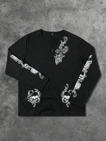 Street Life Men's Street Dark Skull & Floral English Graphic Print Long Sleeve T-Shirt, Spring/Autumn