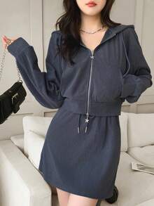 Modelyn Set da 2 pezzi: Giacca in velluto a coste casual e ampia con cappuccio stile coreano + Minigonna in vita alta, autunnale - Grigio - Visualizzare 4