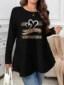 Firerie Jour des enseignants Rentrée scolaire Halloween Élégant Décontracté Noir Dégradé de trois couleurs Motif cœur Ample Manches longues Col rond Couleur unie Ourlet parapluie T-shirt basique, Convient pour la maison et les vacances, Convient pour l'automne et l'hiver