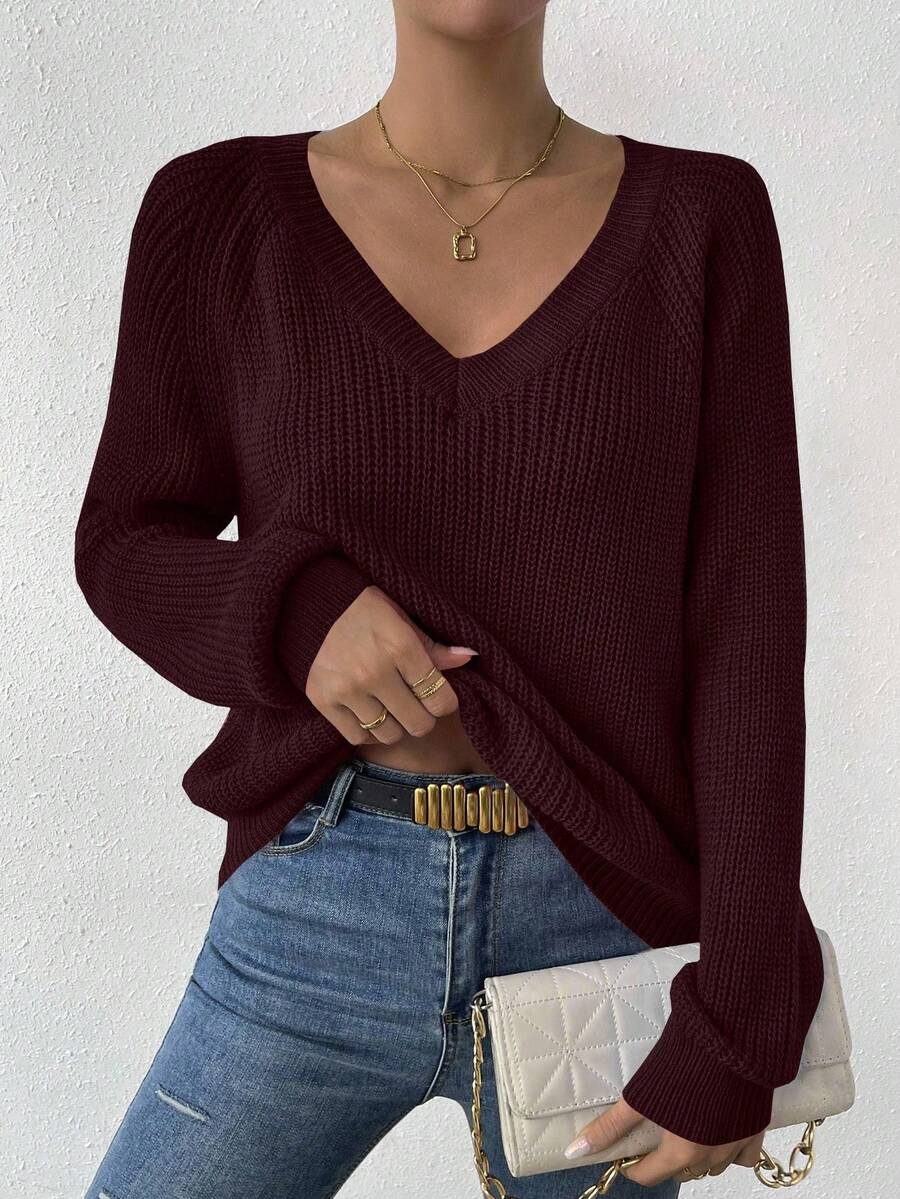 EMERY ROSE Women's Solid Color V-Neck Raglan Sleeve Casual Loose Knit Sweater, Autumn - Chocolate Brown - View 1