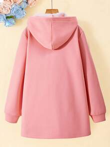 SHEIN Explorewe Tween Girls' Long Sleeve Hooded Zip-Up Cardigan, Mid-Length Snug Fit Design, Polar Thermal Lined, Cute Pink Color, Suitable For Daily, Casual, Outdoor, Commuting, Detailed Craftsmanship, Christmas, Halloween, Autumn/Winter New Arrival - Pink - View 2