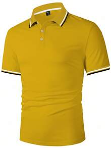 Calvornis Stylish Men's Yellow Short Sleeve Polo With Contrast Stripe Detail On Collar Casual Fabric Top Golf Shirt For Men Men Clothes Yellow