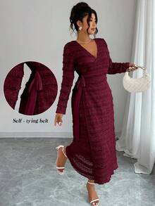 Elenzga Christmas Women's Jacquard Knit Wrap Dress - Burgundy - View 1