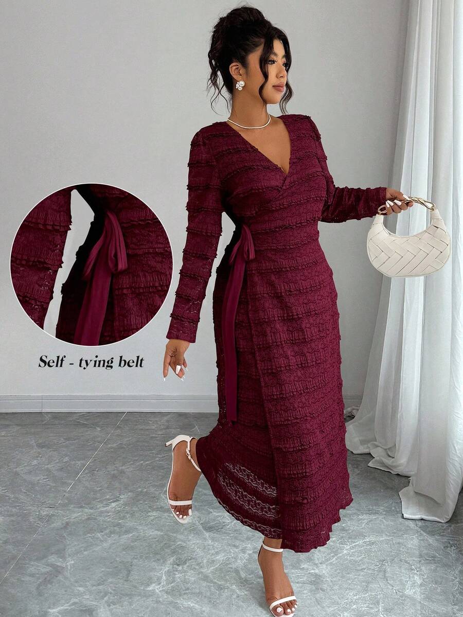 Elenzga Christmas Women's Jacquard Knit Wrap Dress - Burgundy - View 1