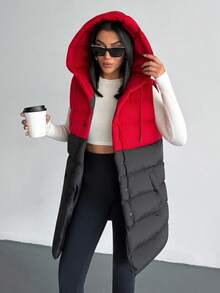 EURMUSE Woman 2 Colored Dark Red Sleeveless Padded Drawstring Detailed Hoody Neck Front Snap Button Up Midi Length Autumn Coat Casual Baggy Everyday Hiking - Multicolor - View 7