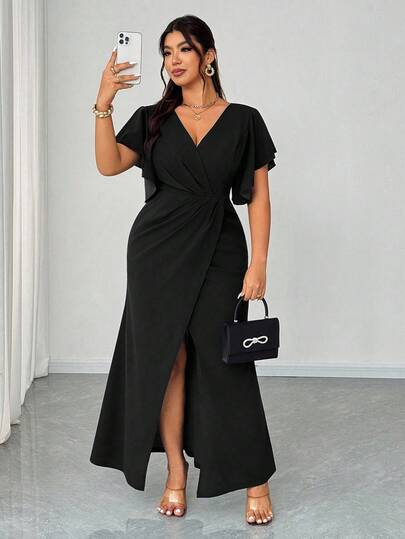 Elenzga Plus Size Elegant Romantic Flounce Sleeve V-Neck Waist Fitted Mermaid Hem Cocktail Party Wedding Guest Dress