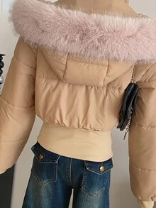 Sweetra Young Elegant Casual Khaki Long Sleeve Padded Coat With Furry Collar, For Teenagers (Female) Fall Winter - Khaki - View 6