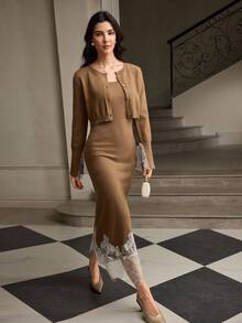 ZEYLAH Elegant Commuter Lace Patchwork Knit Dress & Cardigan Set - Khaki - View 5