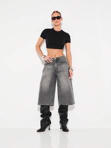 KIZN 棉质修身短款上衣短袖基本款T恤夏季休闲露脐基本款黑色上衣 - 黑色 - 查看 5