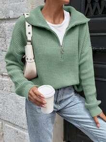 SHEIN Woman Zipper Collar Loose Fit Comfy Warm Sweater - Mint Green - View 5
