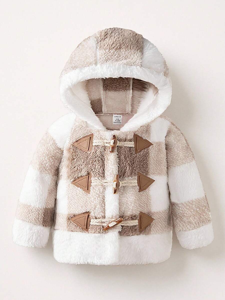 SHEIN Kurtka z polaru dla malucha, modna, z kapturem i długim rękawem, w kratę i patchwork, zapinana na guziki, odpowiednia na co dzień jesienią i zimą, na zewnątrz i w podróży - Wielokolorowe - Zobacz 1