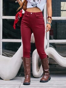 EMERY ROSE 纯色紧身纽扣门襟休闲百搭牛仔裤酒红色裤子女士红色裤子女式裤子高腰裤高腰裤 - 酒紅色 - 查看 5