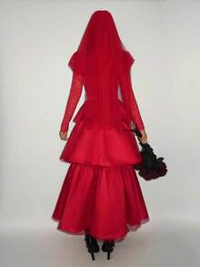 SHEIN ICON Women's Long Ghost Bride Cosplay Costume For Halloween Party,Includes Veil,Red Skirt Dress,Autumn Elegant Gown,Organza Modest Najma Dresses For Women - Cherry Red - View 2