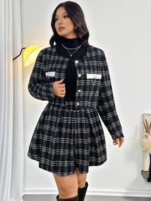 Firerie 大码女士优雅通勤工作服精致高端下午茶略带性感约会音乐会学院复古黑白格子印花长袖夹克和褶皱迷你裙，秋季/冬季开学装法兰绒星期三亚当斯