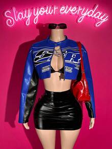 Slaydiva 2025 Winter New Style, Christmas, New Year, Birthday Party, Party, Banquet, Preppy Style, Student Wear, Everyday Outing, Basic Versatile, Casual, Cruise Travel, Internet Celebrity Hot Style, Street Style, Elegant, Commuter, Business Casual, Small Stand-Up Collar Long Sleeve, Zipper, Dark Blue And Black, Black And White English Print, Winter Jacket, Christmas Jacket, New Year Jacket, Women's Jacket