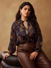 PREMIUM 大码佩斯利印花流苏灯笼领长袖衬衫，波西米亚风，秋冬 - 彩色 - 查看 1