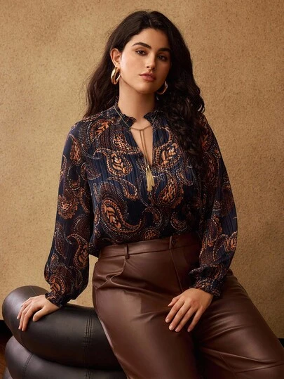 MOTF PREMIUM PLUS SIZE PAISLEY PRINT TASSEL TIE NECK LANTERN LONG SLEEVE BLOUSE, BOHEMIAN CHIC, AUTUMN/WINTER