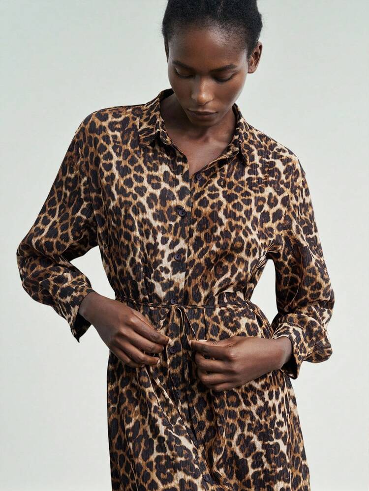 SHEIN Maija Women's Fashionable Commuter Leopard Print Shirt Dress Leopard Print Dress Women Shirt Dress Animal Print Dress Leopard Dress