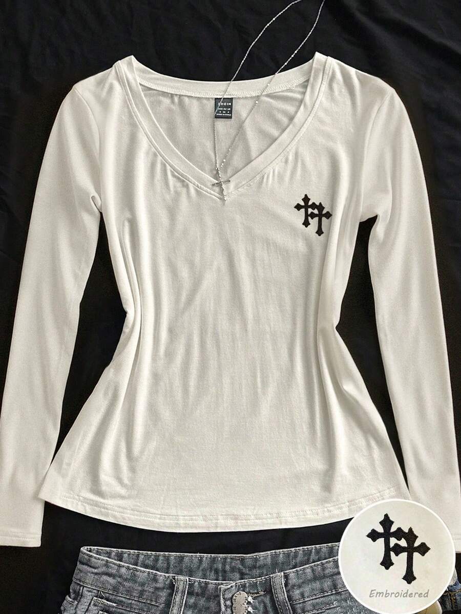 INAWLY Áo thun dài tay màu trắng cỡ lớn thêu chữ thập cho nữ - trắng - Xem 1