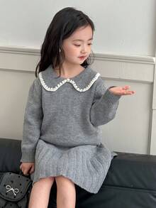 Dazy Kids 2pcs Young Girl Girls Collared Puff Sleeve Sweater + Pleated Knit Skirt Set, Autumn/Winter - Grey - View 8